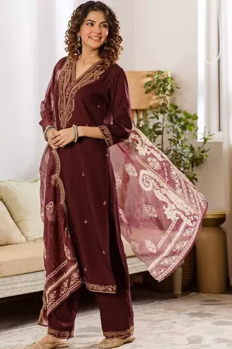 Women Ethnic Motifs Embroidered Regular Thread Work Kurta with Palazzos & With Dupatta