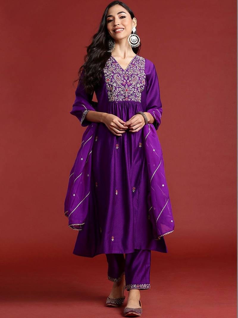 Women Ethnic Motifs Embroidered Empire Liva Kurta with Trousers & With Dupatta