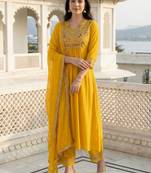 Women Floral Embroidered Pleated Liva Kurta with Palazzos & With Dupatta