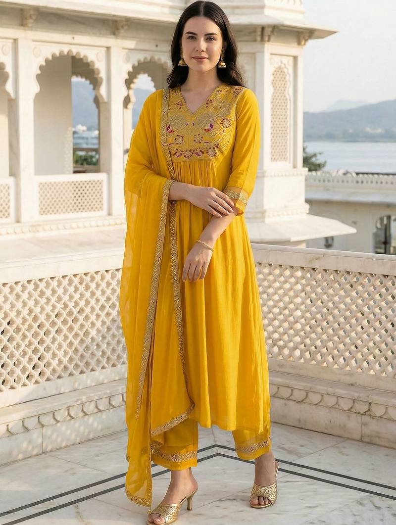 Women Floral Embroidered Pleated Liva Kurta with Palazzos & With Dupatta