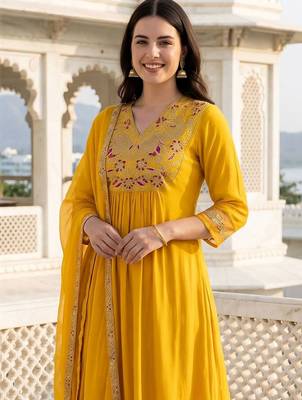 Women Floral Embroidered Pleated Liva Kurta with Palazzos & With Dupatta 2