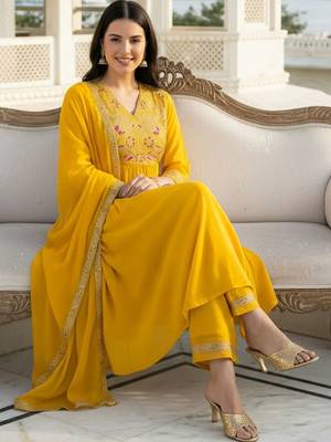 Women Floral Embroidered Pleated Liva Kurta with Palazzos & With Dupatta 5