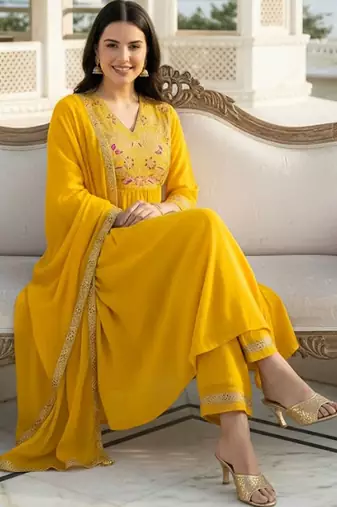 Women Floral Embroidered Pleated Liva Kurta with Palazzos & With Dupatta