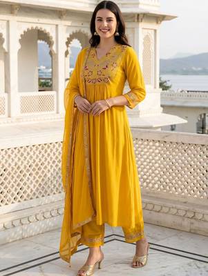 Women Floral Embroidered Pleated Liva Kurta with Palazzos & With Dupatta 6