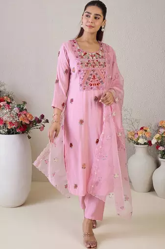 Women Floral Embroidered Regular Thread Work Kurta with Trousers & With Dupatta
