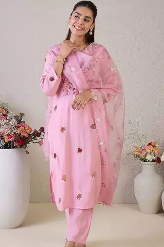 Women Floral Embroidered Regular Thread Work Kurta with Trousers & With Dupatta