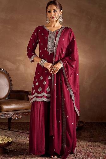 Women Ethnic Motifs Embroidered Regular Thread Work Kurta with Sharara & With Dupatta