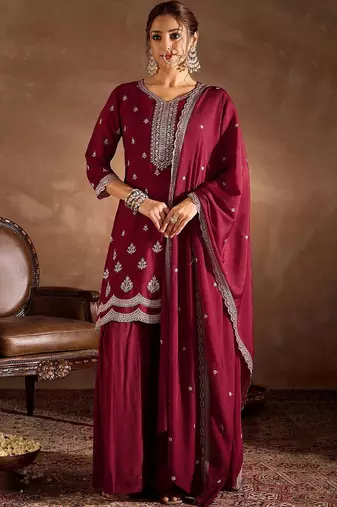 Women Ethnic Motifs Embroidered Regular Thread Work Kurta with Sharara & With Dupatta