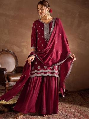 Women Ethnic Motifs Embroidered Regular Thread Work Kurta with Sharara & With Dupatta 4