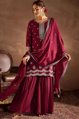 Women Ethnic Motifs Embroidered Regular Thread Work Kurta with Sharara & With Dupatta