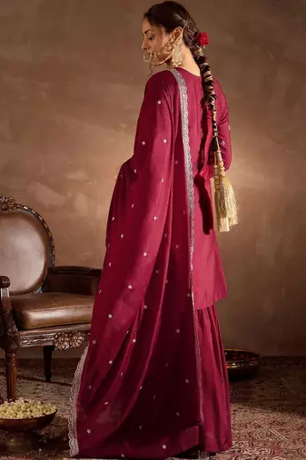 Women Ethnic Motifs Embroidered Regular Thread Work Kurta with Sharara & With Dupatta