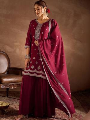 Women Ethnic Motifs Embroidered Regular Thread Work Kurta with Sharara & With Dupatta 6
