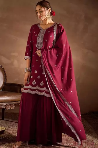 Women Ethnic Motifs Embroidered Regular Thread Work Kurta with Sharara & With Dupatta