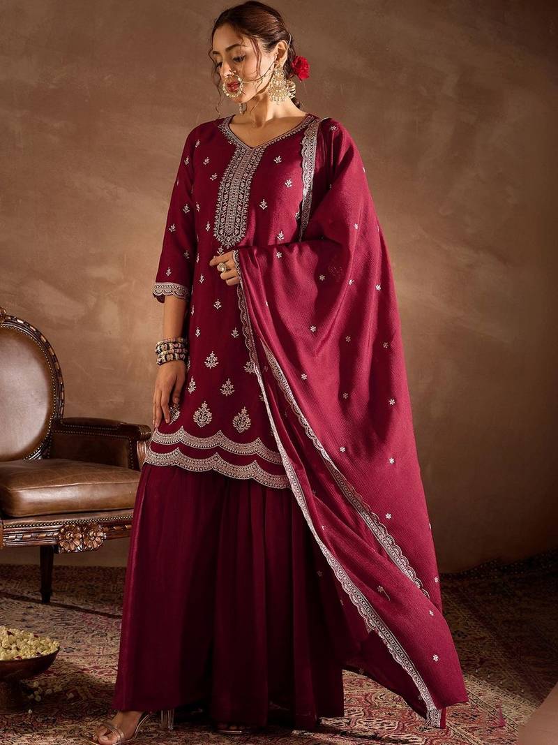 Women Ethnic Motifs Embroidered Regular Thread Work Kurta with Sharara & With Dupatta