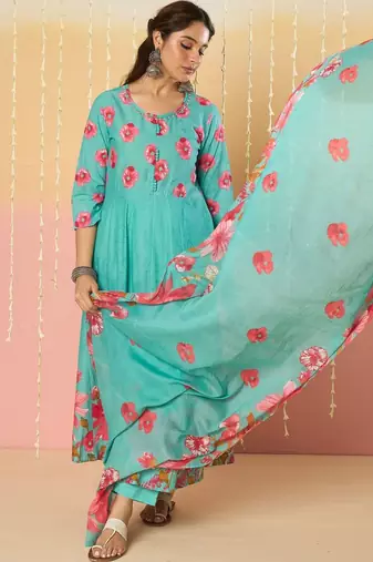 Women Floral Printed Regular Pure Cotton Kurta with Trousers & With Dupatta