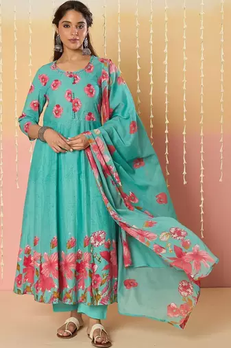 Women Floral Printed Regular Pure Cotton Kurta with Trousers & With Dupatta