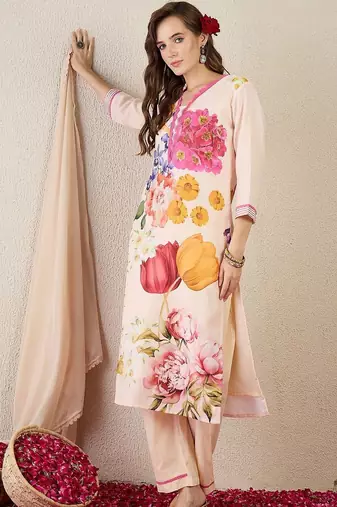 Women Floral Printed Regular Linen Kurta with Trousers & With Dupatta