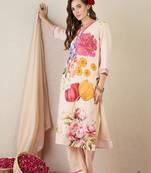 Women Floral Printed Regular Linen Kurta with Trousers & With Dupatta