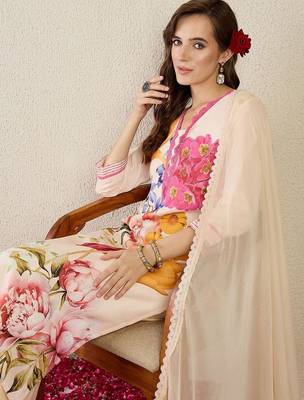 Women Floral Printed Regular Linen Kurta with Trousers & With Dupatta 4