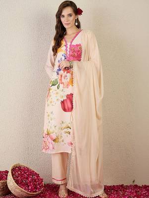 Women Floral Printed Regular Linen Kurta with Trousers & With Dupatta 5