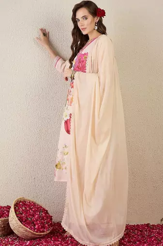 Women Floral Printed Regular Linen Kurta with Trousers & With Dupatta