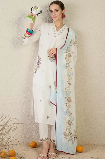Women Floral Embroidered Regular Thread Work Pure Cotton Kurta with Trousers & With Dupatta