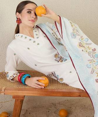 Women Floral Embroidered Regular Thread Work Pure Cotton Kurta with Trousers & With Dupatta 4