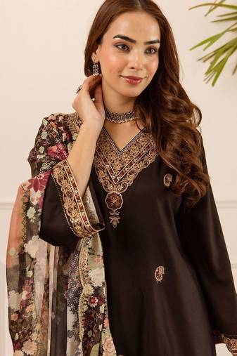 Black Embroidered Straight Kurta Trousers Dupatta Set
