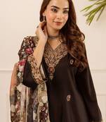 Black Embroidered Straight Kurta Trousers Dupatta Set