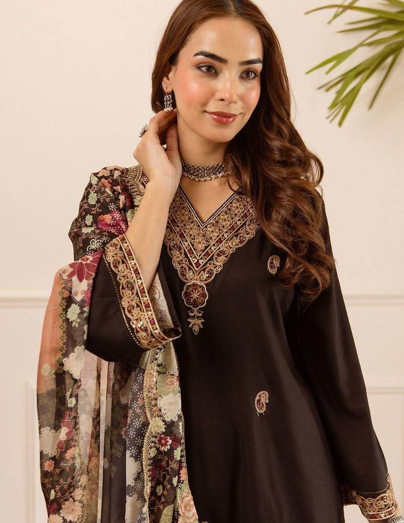 Black Embroidered Straight Kurta Trousers Dupatta Set