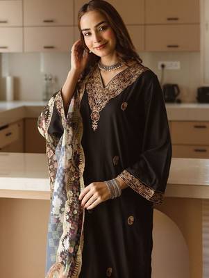 Black Embroidered Straight Kurta Trousers Dupatta Set 2