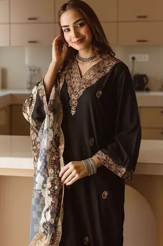 Black Embroidered Straight Kurta Trousers Dupatta Set