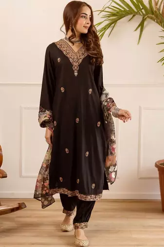 Black Embroidered Straight Kurta Trousers Dupatta Set
