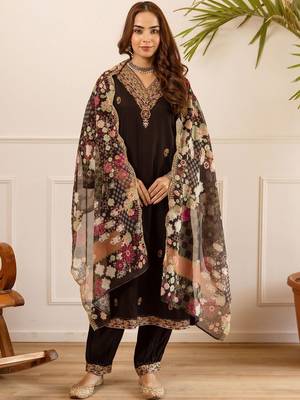 Black Embroidered Straight Kurta Trousers Dupatta Set 4