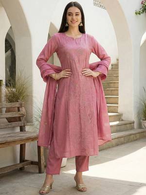 Women Ethnic Motifs Embroidered Regular Thread Work Kurta with Trousers & With Dupatta 1