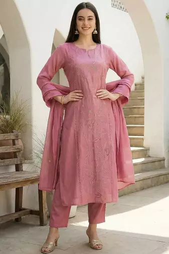 Women Ethnic Motifs Embroidered Regular Thread Work Kurta with Trousers & With Dupatta
