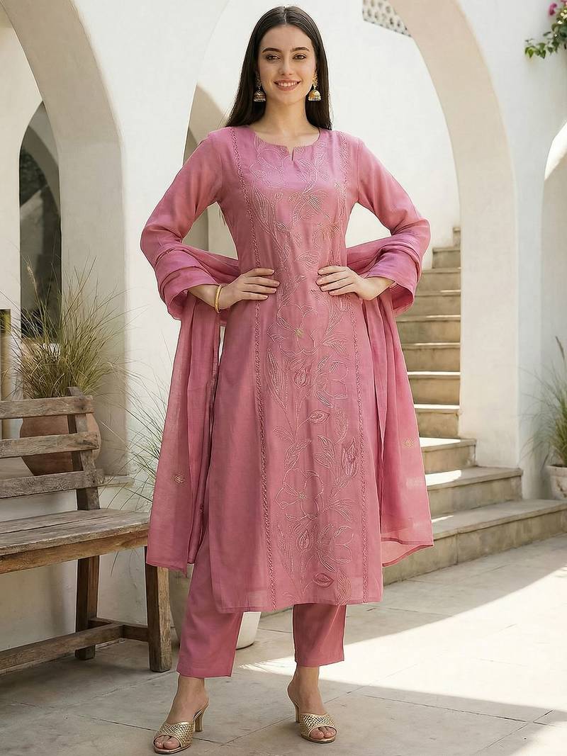 Women Ethnic Motifs Embroidered Regular Thread Work Kurta with Trousers & With Dupatta