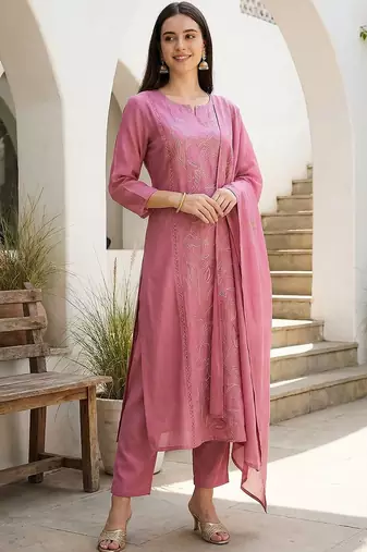 Women Ethnic Motifs Embroidered Regular Thread Work Kurta with Trousers & With Dupatta