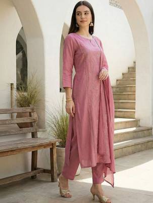 Women Ethnic Motifs Embroidered Regular Thread Work Kurta with Trousers & With Dupatta 4
