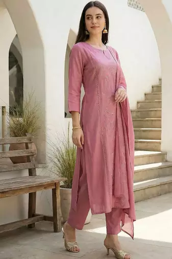 Women Ethnic Motifs Embroidered Regular Thread Work Kurta with Trousers & With Dupatta