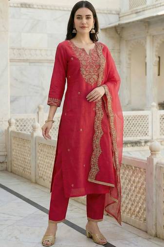 Women Ethnic Motifs Embroidered Regular Thread Work Liva Kurta with Trousers & With Dupatta