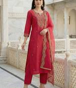 Women Ethnic Motifs Embroidered Regular Thread Work Liva Kurta with Trousers & With Dupatta