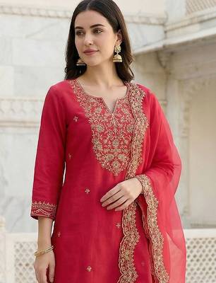 Women Ethnic Motifs Embroidered Regular Thread Work Liva Kurta with Trousers & With Dupatta 2