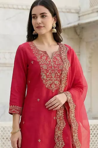 Women Ethnic Motifs Embroidered Regular Thread Work Liva Kurta with Trousers & With Dupatta