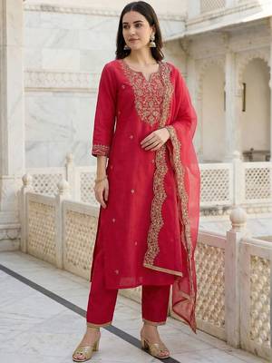 Women Ethnic Motifs Embroidered Regular Thread Work Liva Kurta with Trousers & With Dupatta 5
