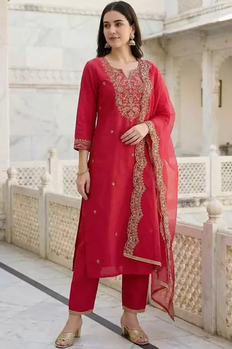 Women Ethnic Motifs Embroidered Regular Thread Work Liva Kurta with Trousers & With Dupatta