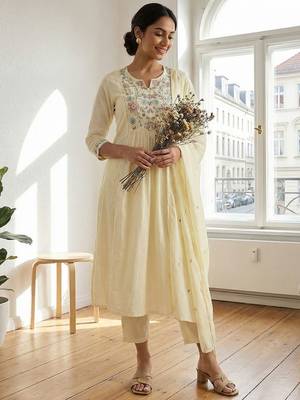 Women Floral Embroidered Panelled Thread Work Pure Cotton Kurta with Trousers & With Dupatta 1
