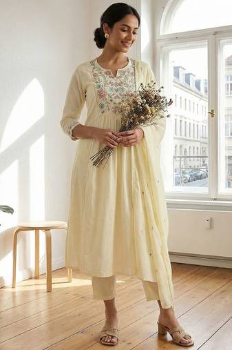 Women Floral Embroidered Panelled Thread Work Pure Cotton Kurta with Trousers & With Dupatta