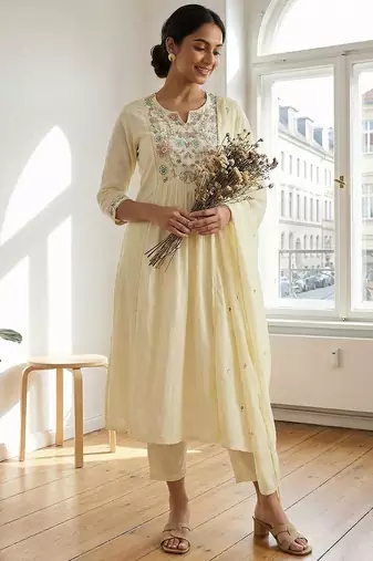Women Floral Embroidered Panelled Thread Work Pure Cotton Kurta with Trousers & With Dupatta
