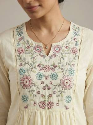 Women Floral Embroidered Panelled Thread Work Pure Cotton Kurta with Trousers & With Dupatta 2